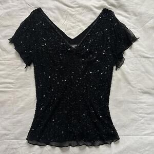 Adrianna Papell Black beaded sequin silk v neck top with draped ruffle sleeves